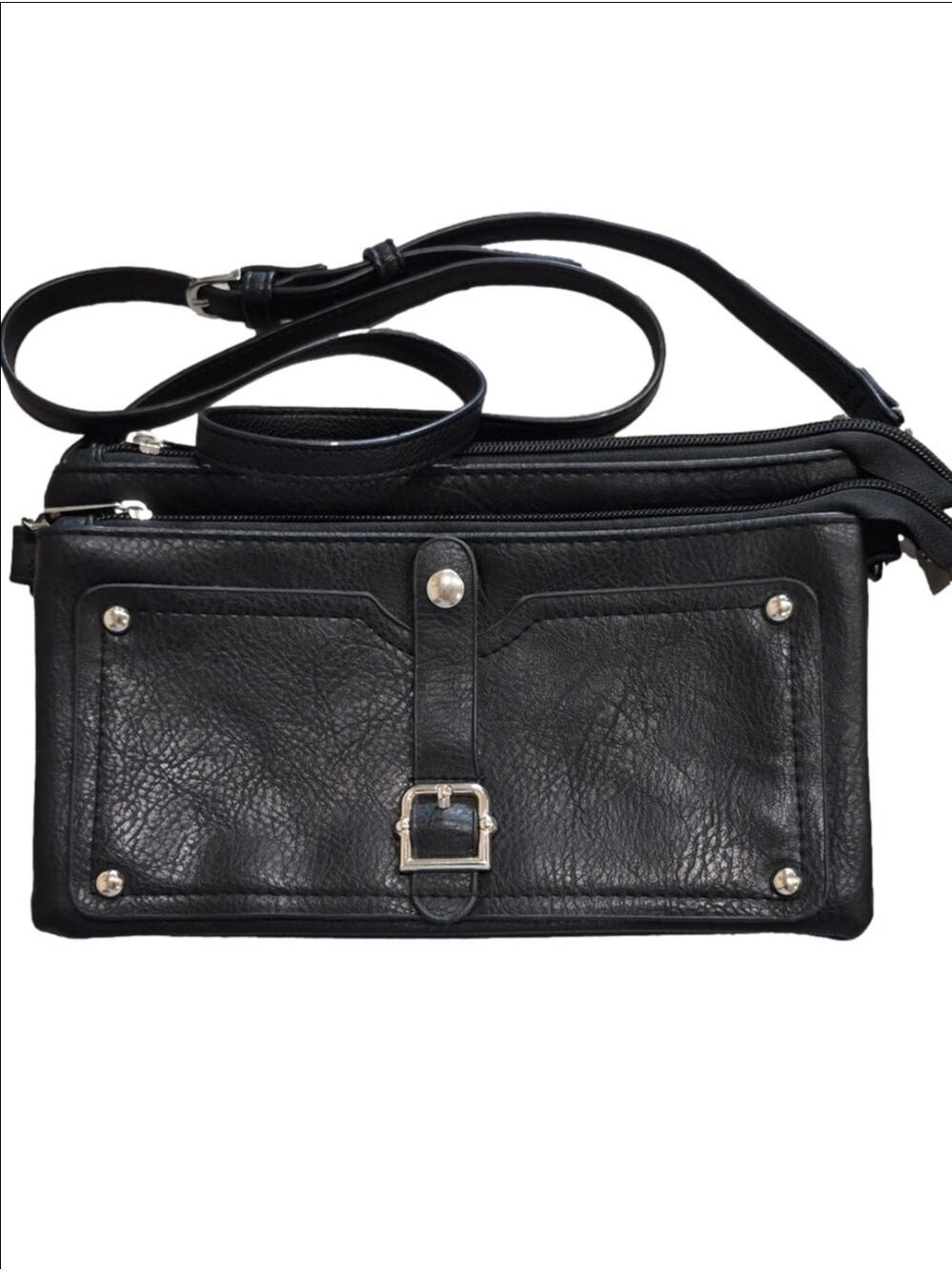 My Style Black Triple Zip Crossbody Bag Multi Pocket Organizer Messenger